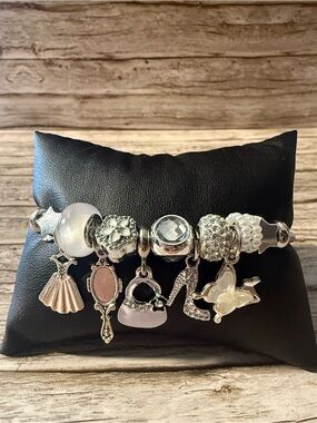 Silver Charm Bracelet with White Accents - Ladies Mirror Dress Jewelry